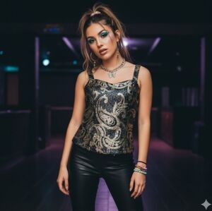 Deb Y2K Black & Gold Fitted Sequin Strappy Tank Top – Size Small